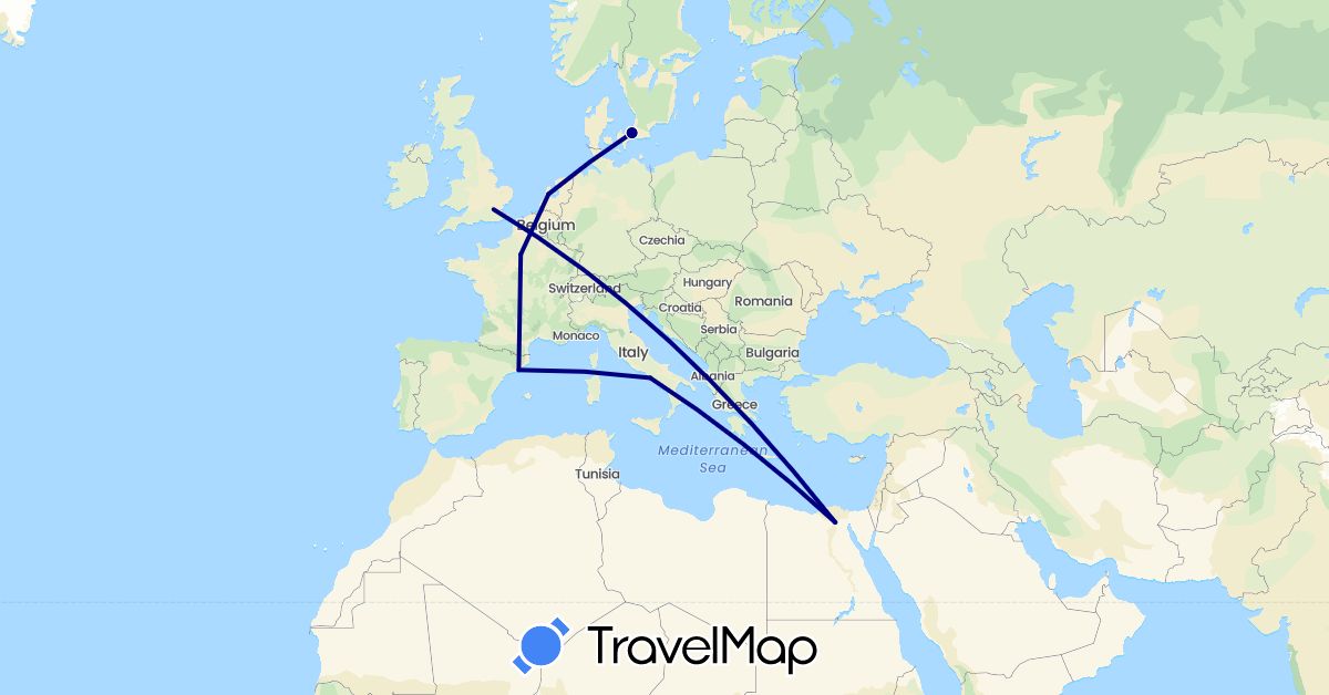 TravelMap itinerary: driving in Denmark, Egypt, Spain, France, United Kingdom, Italy, Netherlands (Africa, Europe)